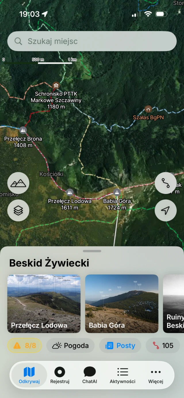 Ekran odkrywania w aplikacji Na Szlaku